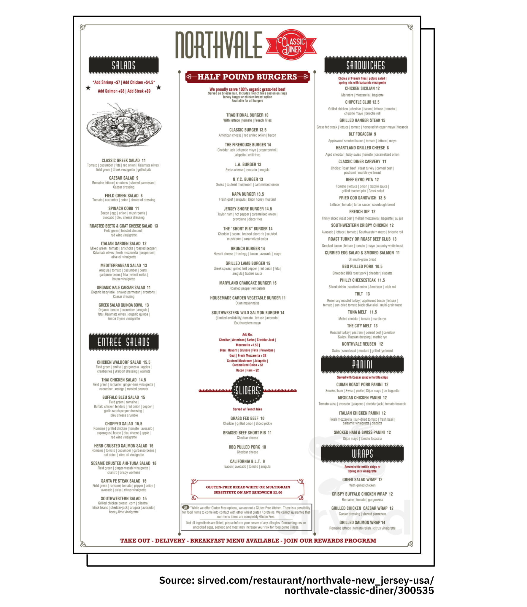 Northvale Classic Diner’s menu featuring burgers and sandwiches