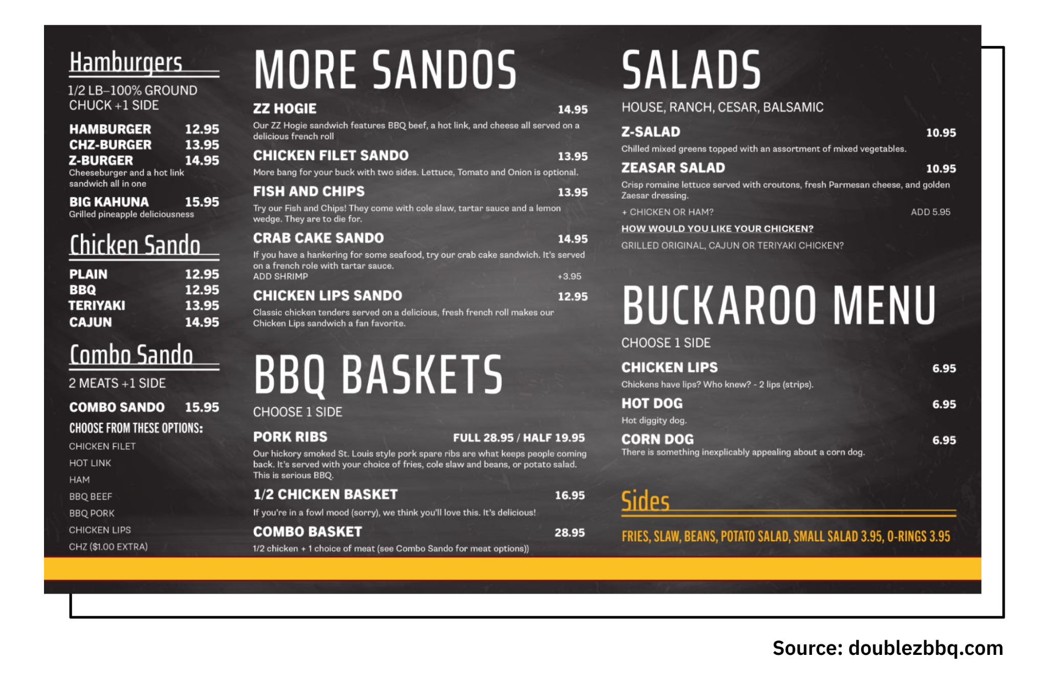 Double Z’s dark chalkboard-style BBQ menu with yellow accents