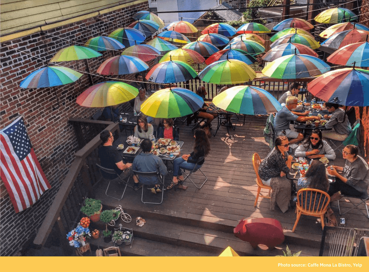 A rooftop patio decorated with rows of colorful umbrellas over diners’ tables