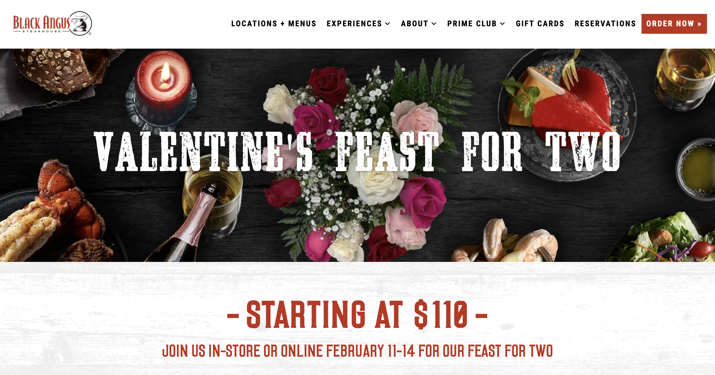 Black Angus website banner promoting a “Valentine’s Feast for Two” starting at $110
