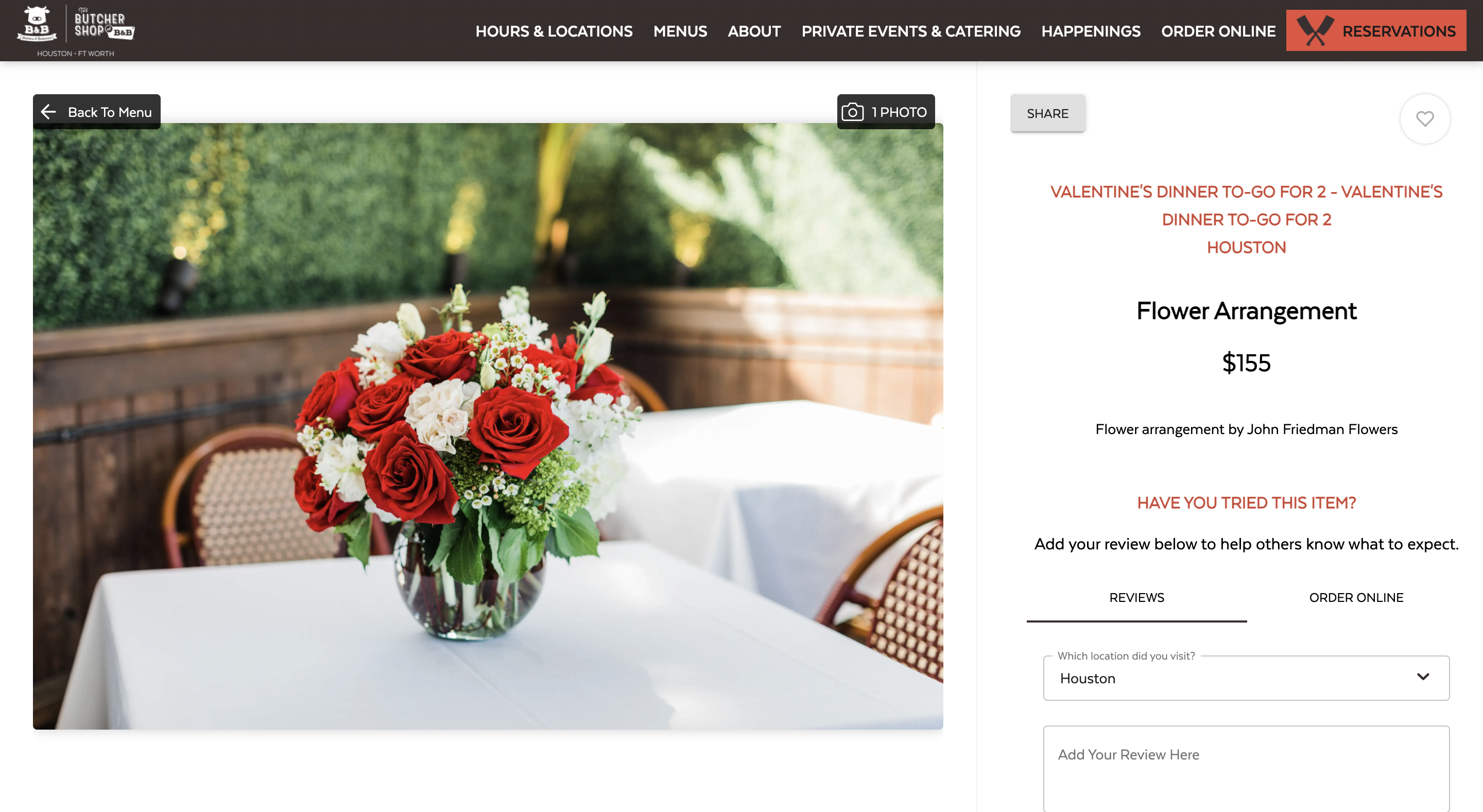 B&B Butchers online ordering page for a $155 Valentine’s flower arrangement add-on