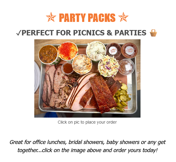 Wild Fig BBQ “Party Packs” promotion showing a tray of barbecue meats and sides