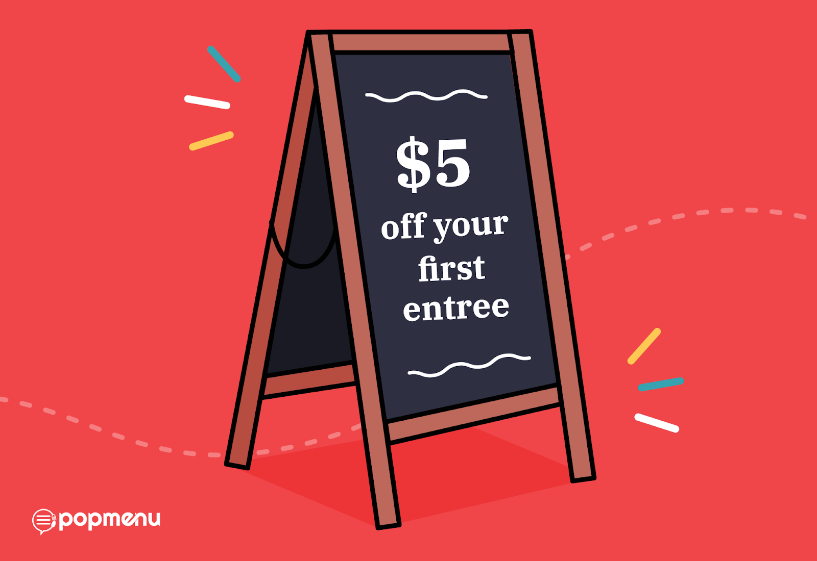 Illustration of a sidewalk sandwich board advertising “$5 off your first entree”