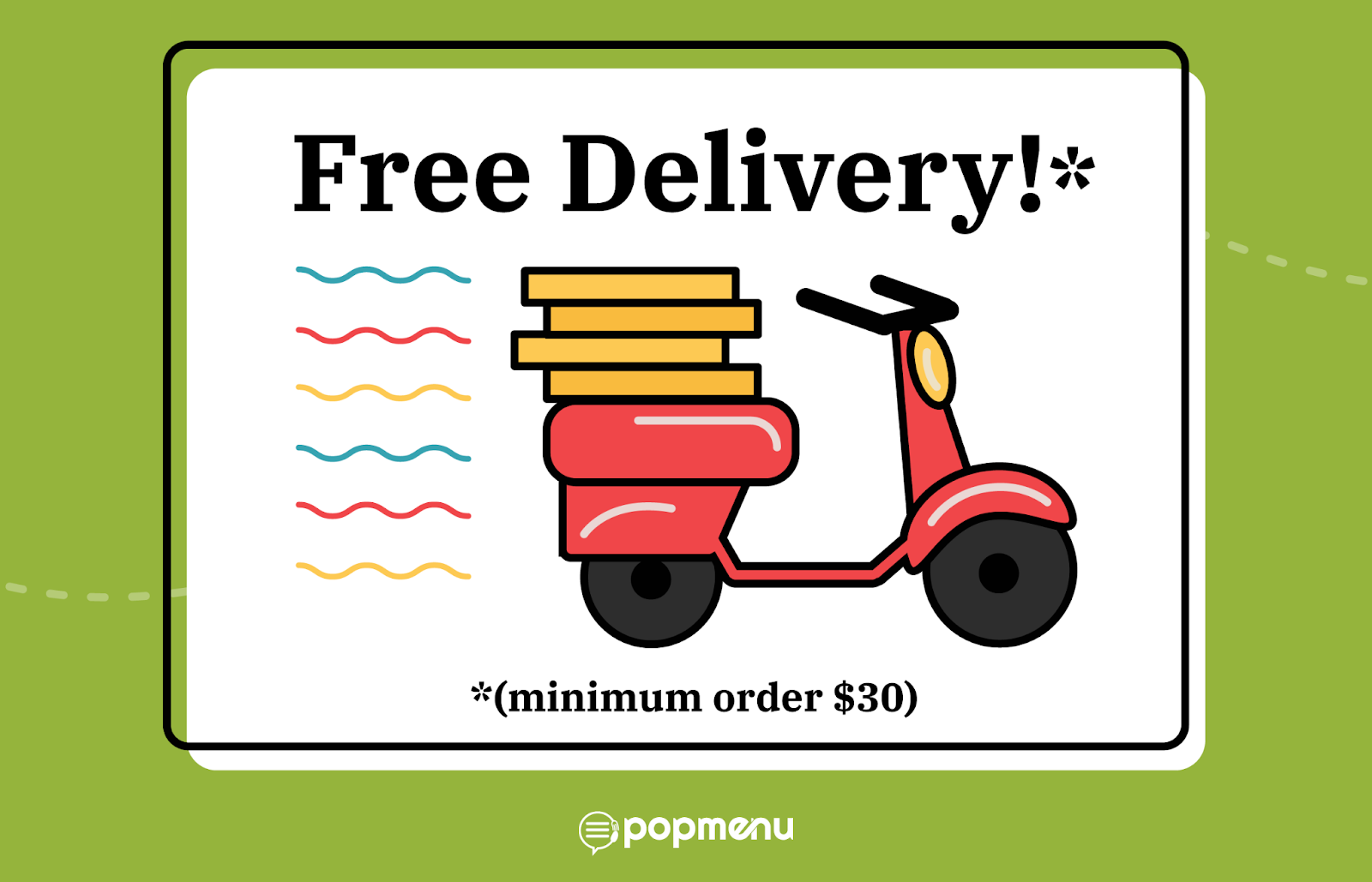 Illustration of a delivery scooter with a “Free Delivery!” offer, minimum order $30