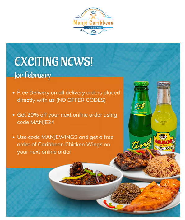Manjé Caribbean email promoting free delivery and 20% off online orders