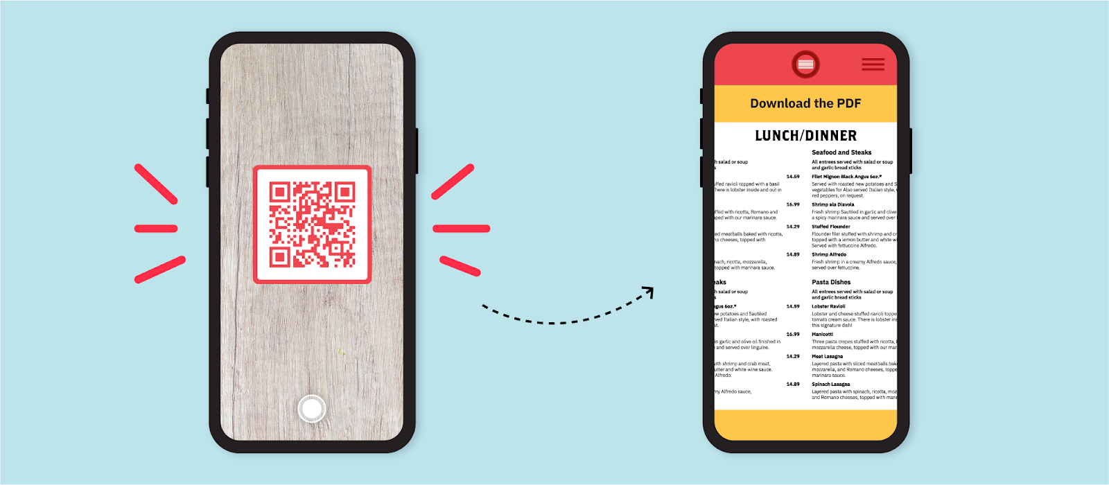 Scanning a QR code on a table to open a restaurant’s digital menu