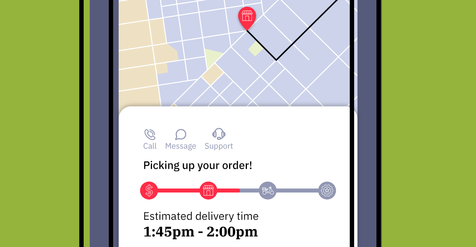 Delivery tracking app showing order pickup progress on a map
