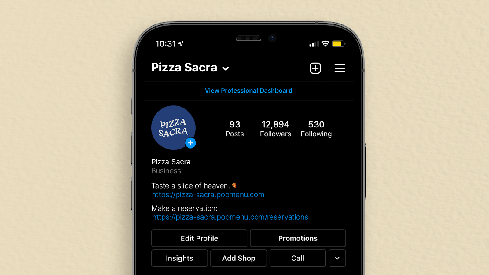 Restaurant Instagram profile showing bio links and follower stats