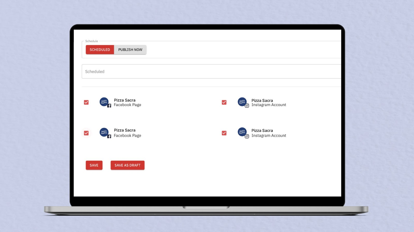 Social post scheduling screen with Facebook and Instagram accounts selected