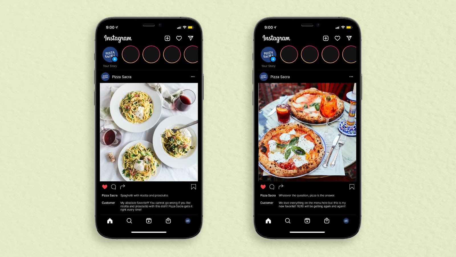 Two phones with a pizza restaurant’s instagram feed, showing pasta on one phone and pizza on the other.