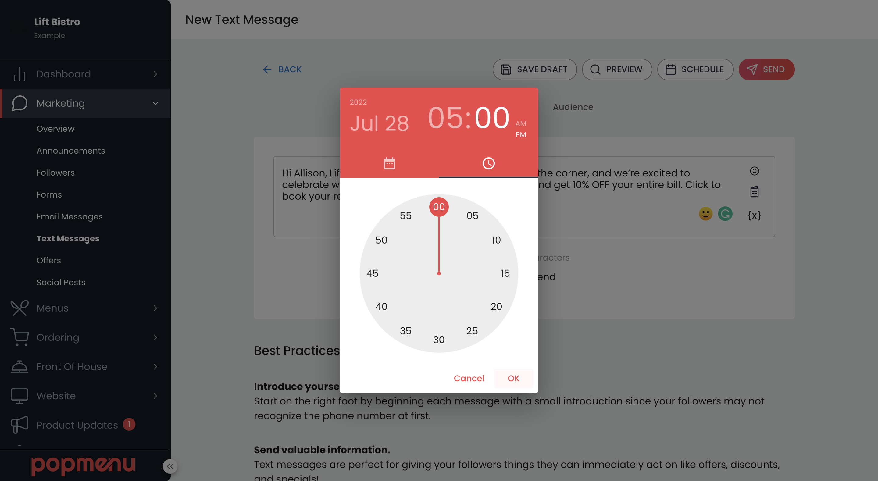 Popmenu dashboard showing text message scheduling tool