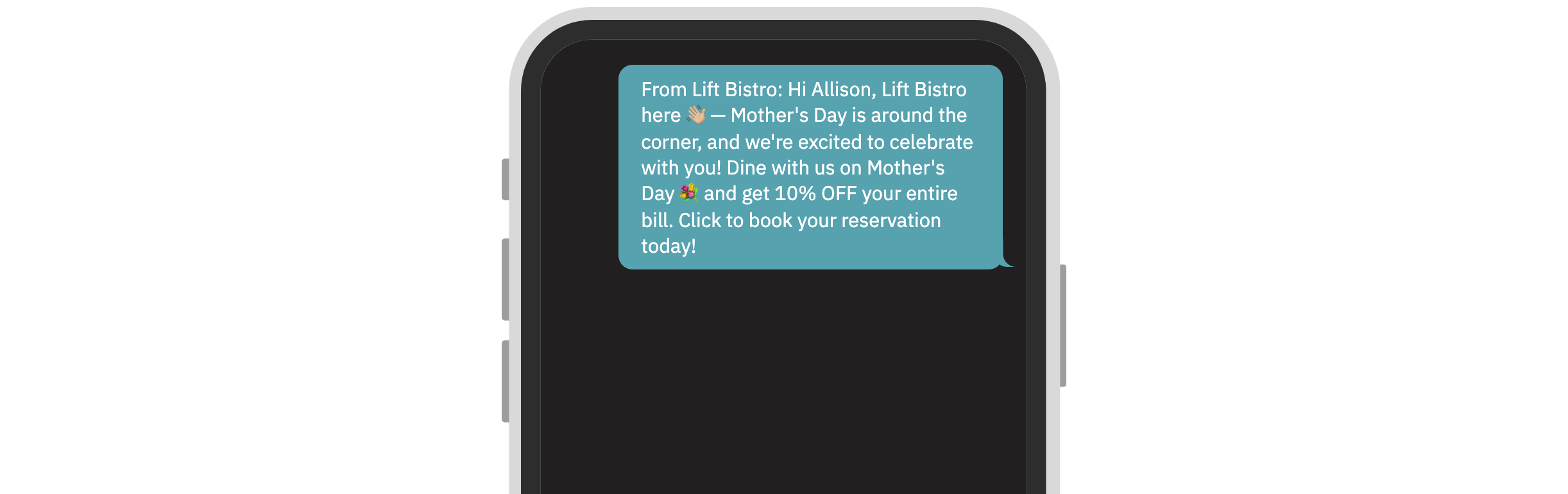 Sample restaurant text message offering 10% off for Mother’s Day
