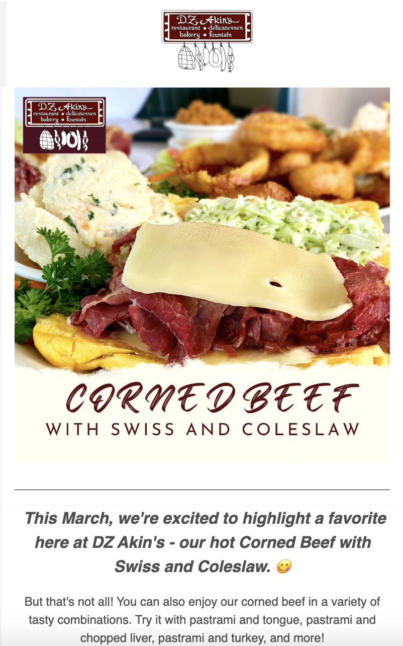 D Z Akin’s email featuring corned beef with Swiss and coleslaw