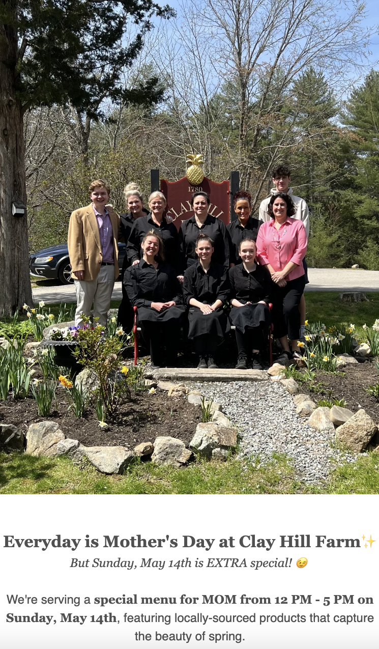 Clay Hill Farm staff photo promoting their Mother’s Day menu