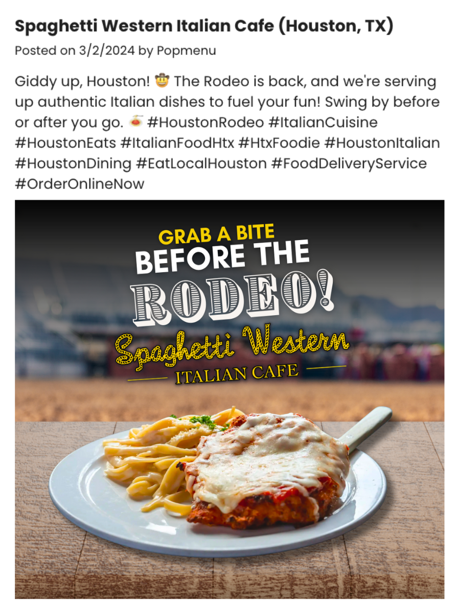 Spaghetti Western Italian Cafe social post promoting Houston Rodeo diners