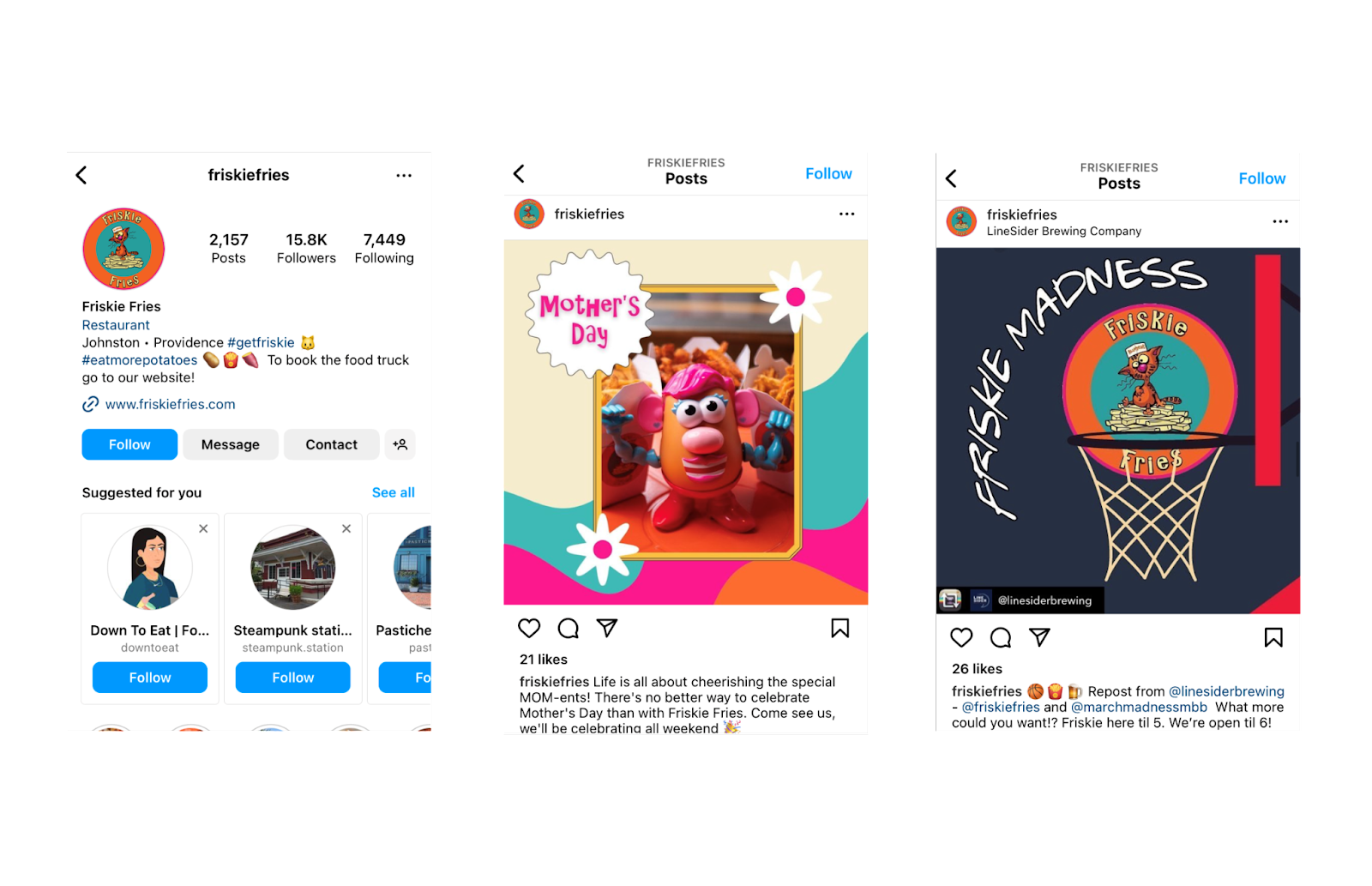 Friskie Fries Instagram profile with Mother’s Day and March Madness posts