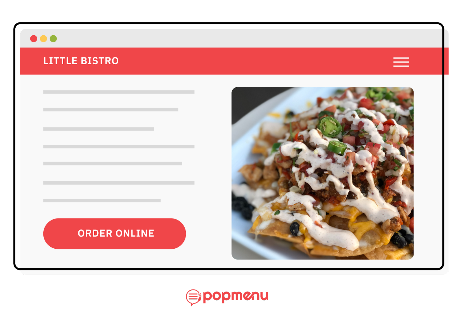 Restaurant website with online ordering button and nachos photo