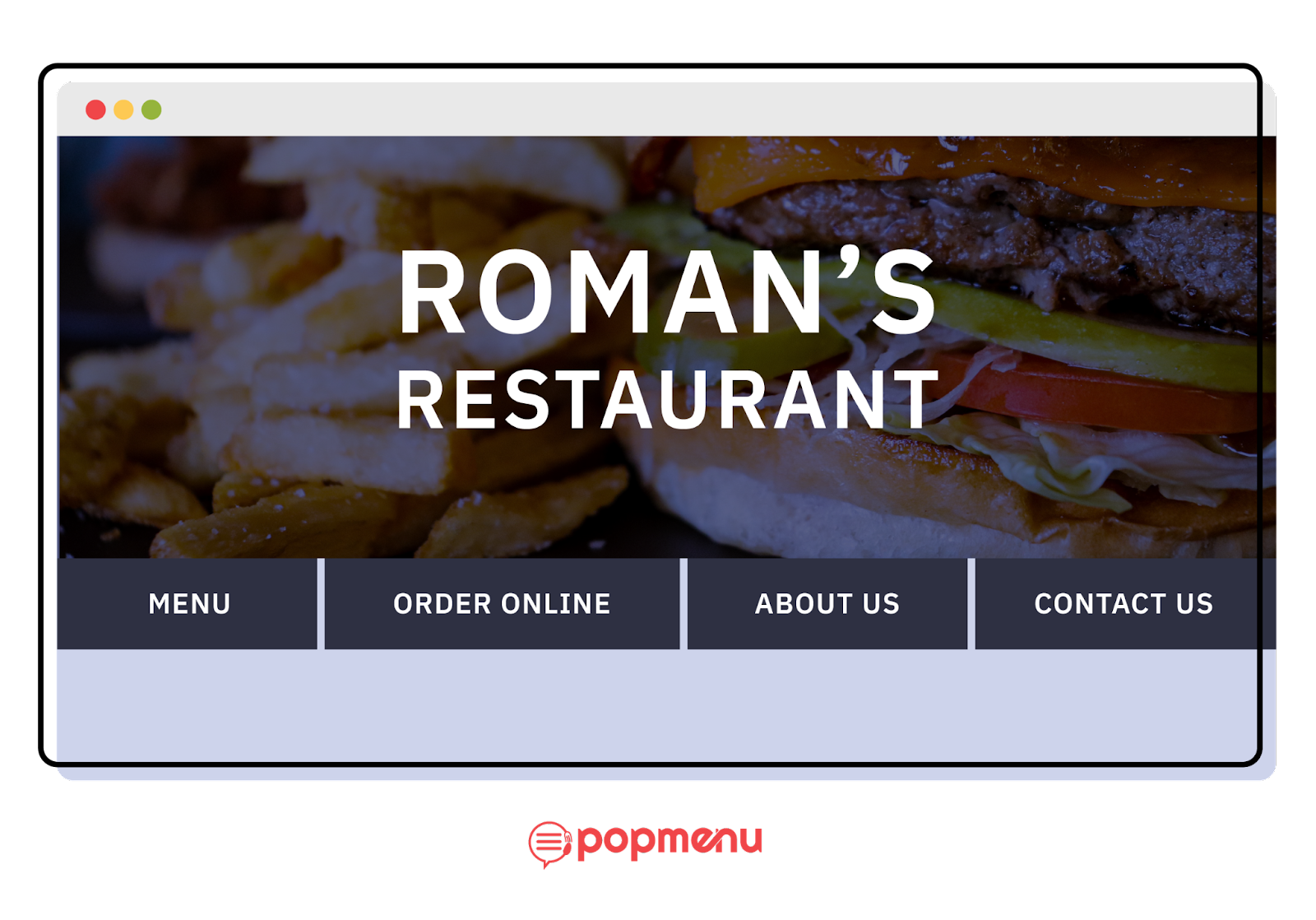 Sample restaurant website homepage with menu, ordering, and contact navigation