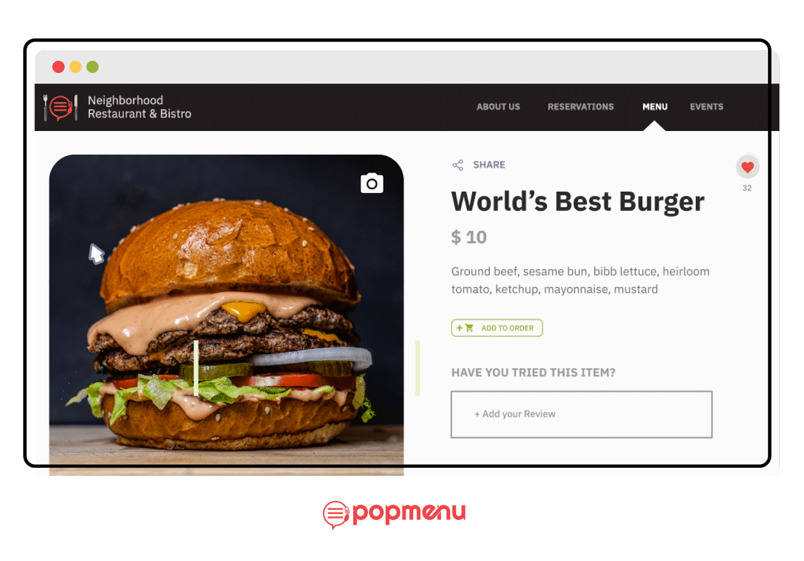 Online menu item page showing a burger with description and price
