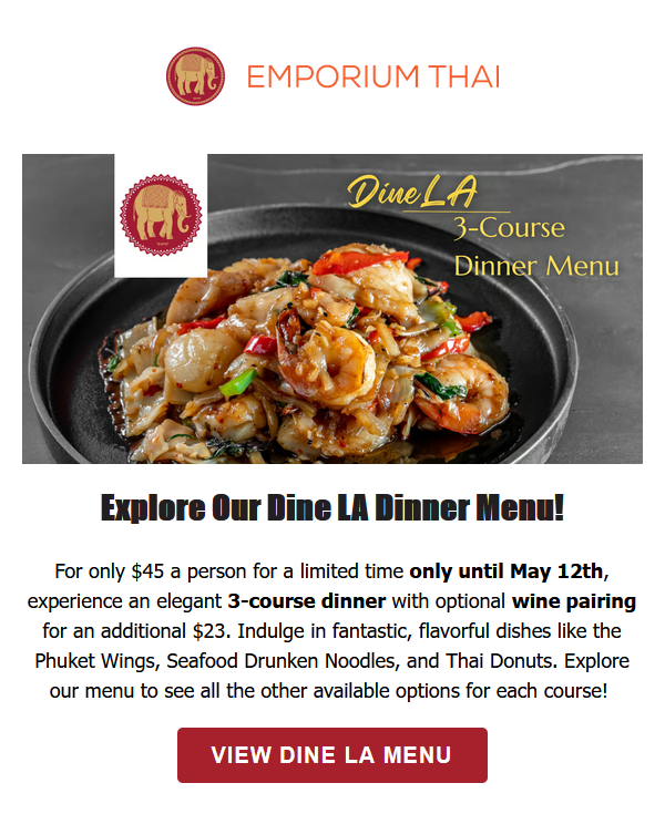 Emporium Thai email promoting their DineLA 3-course dinner menu