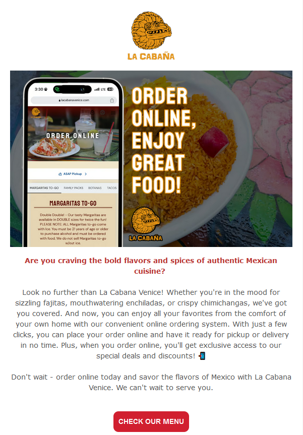 La Cabaña Venice branded email promoting online ordering