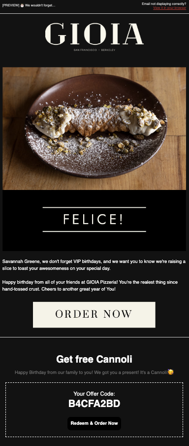 GIOIA Pizzeria birthday email offering a free cannoli