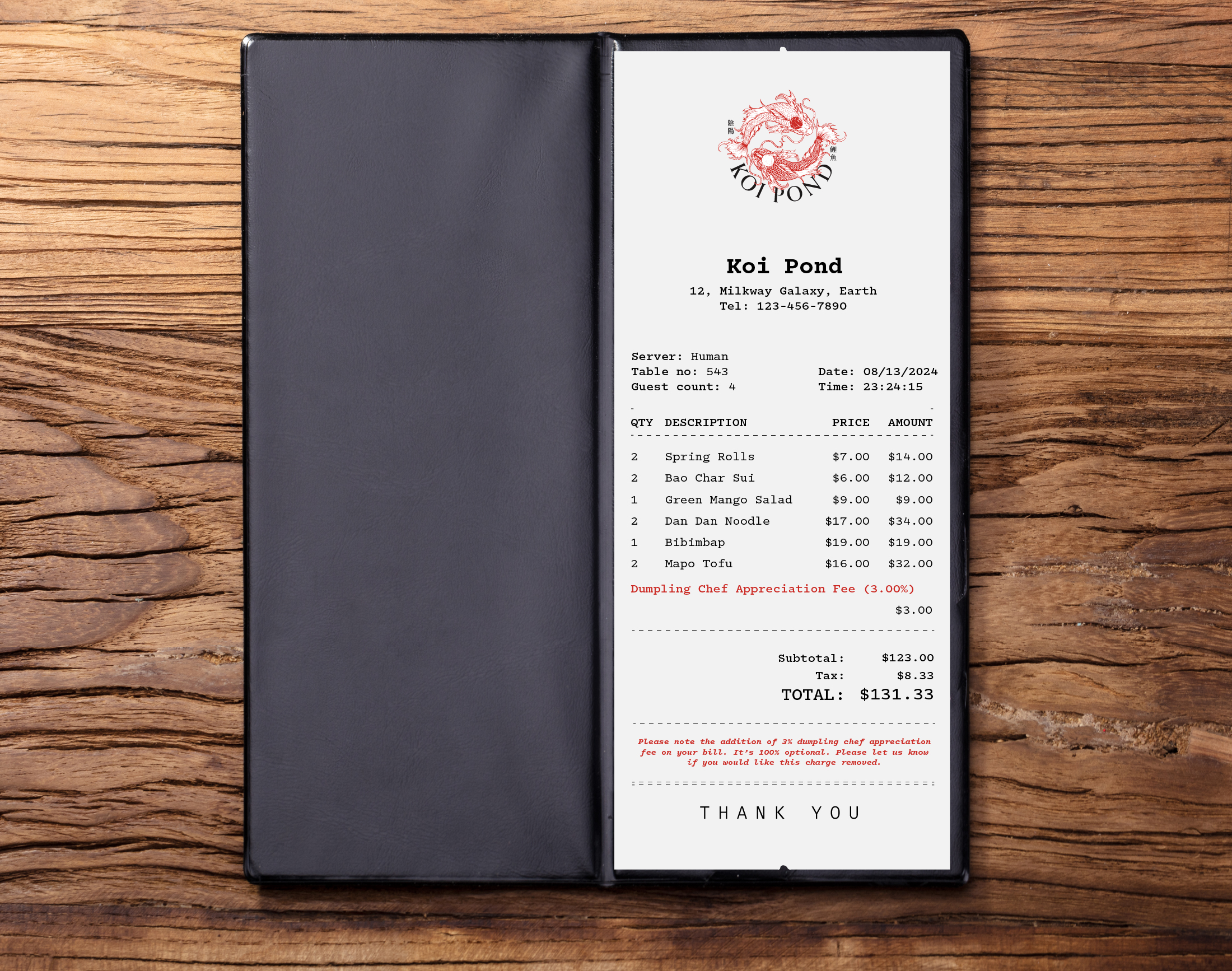 Restaurant receipt explaining an optional dumpling chef appreciation fee