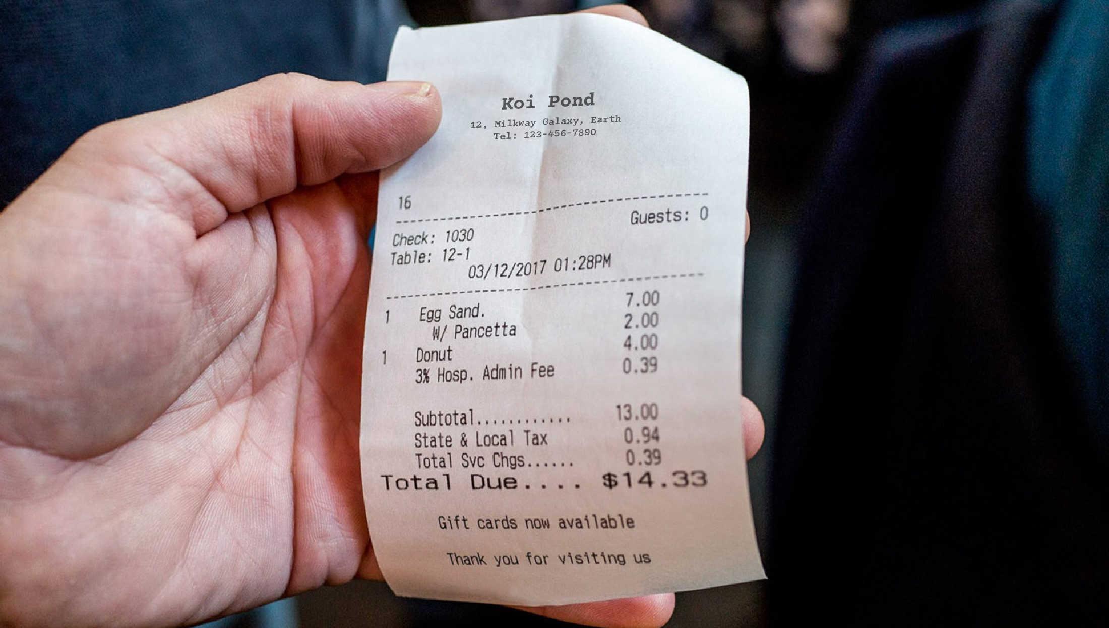 Restaurant receipt showing an unexplained 3% hospitality admin fee
