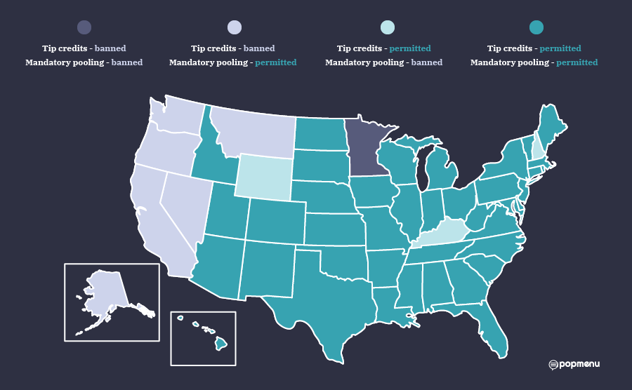 US map showing state laws on tip credits and mandatory tip pooling