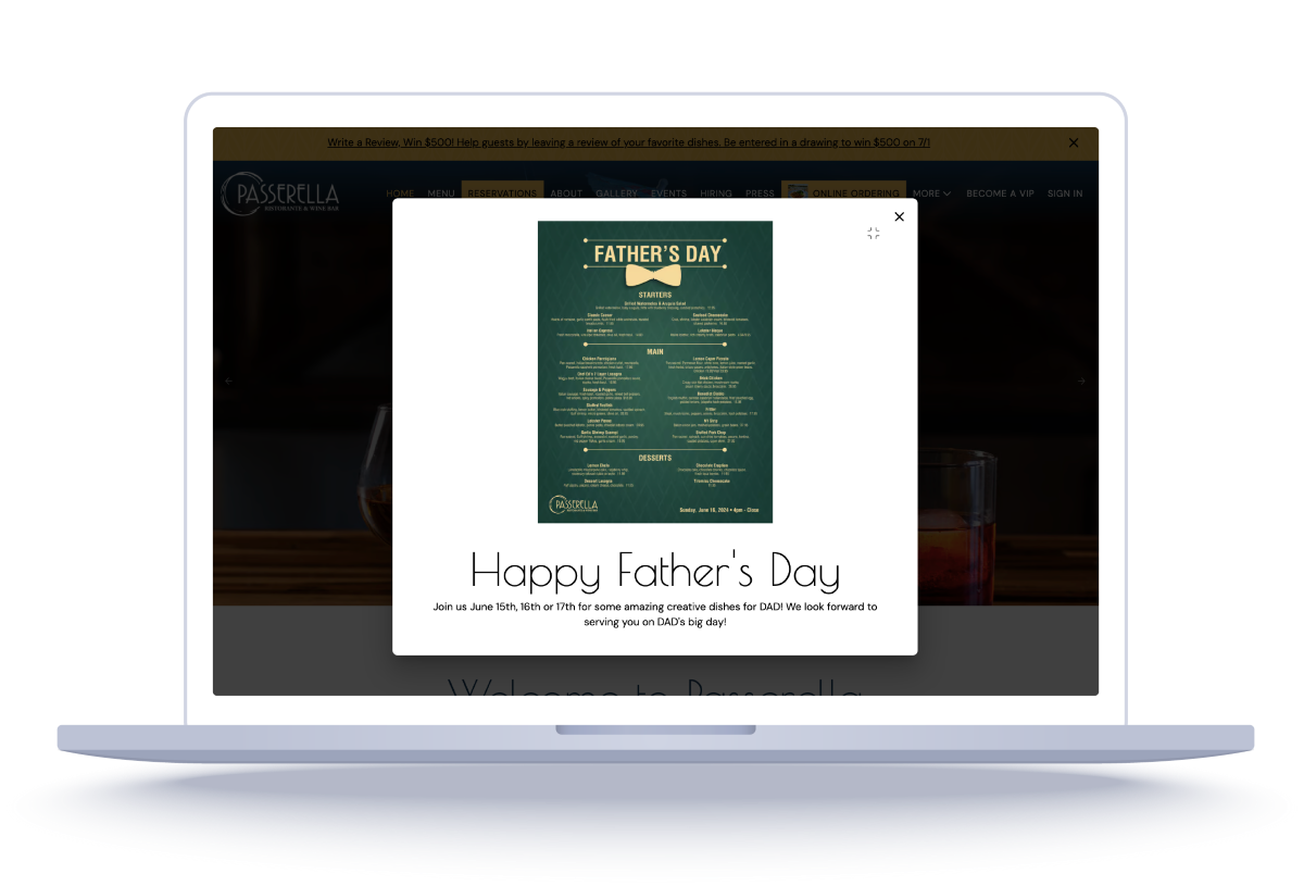 Website pop-up announcement promoting a restaurant’s Father’s Day menu