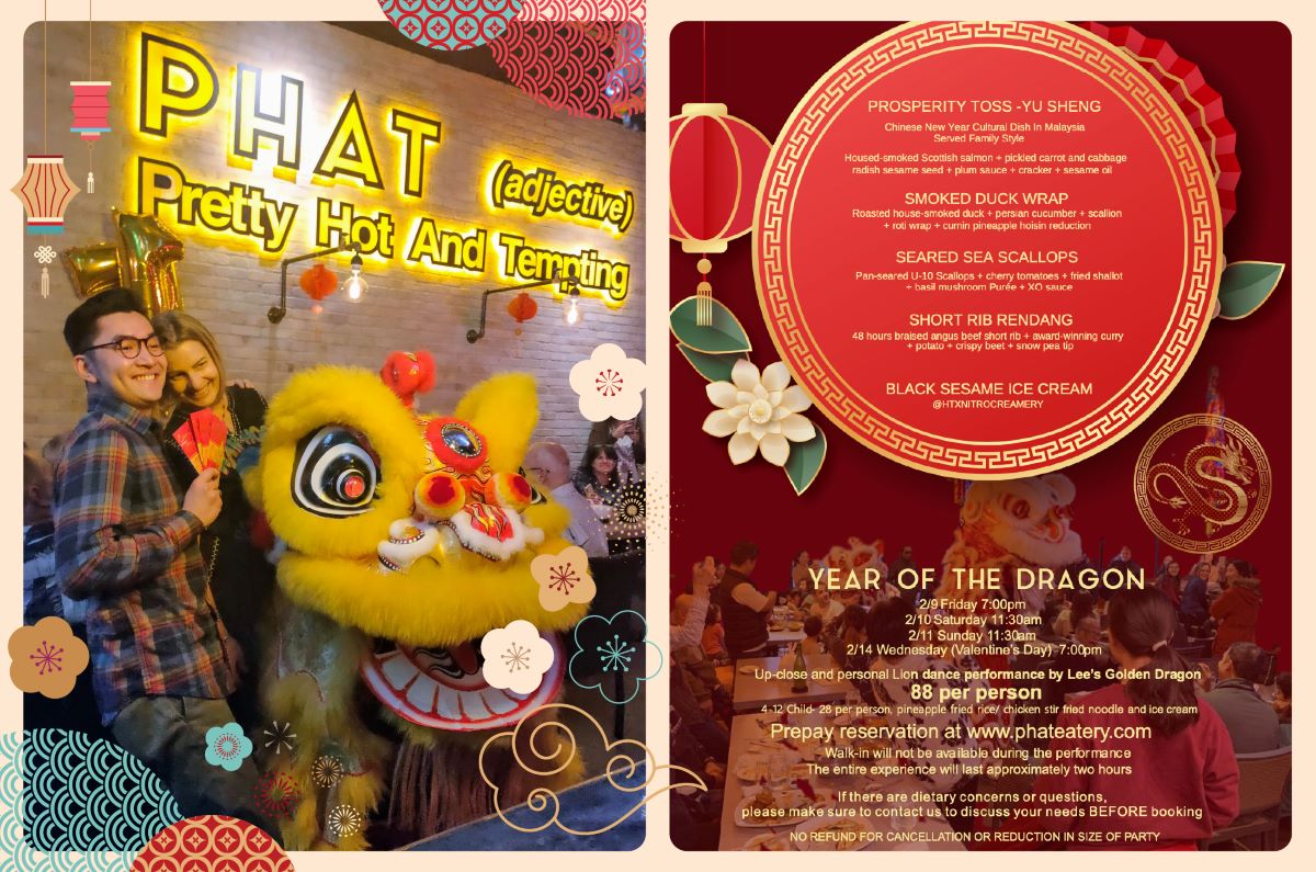 Lunar New Year prix fixe menu and lion dance event flyer for Phat Eatery