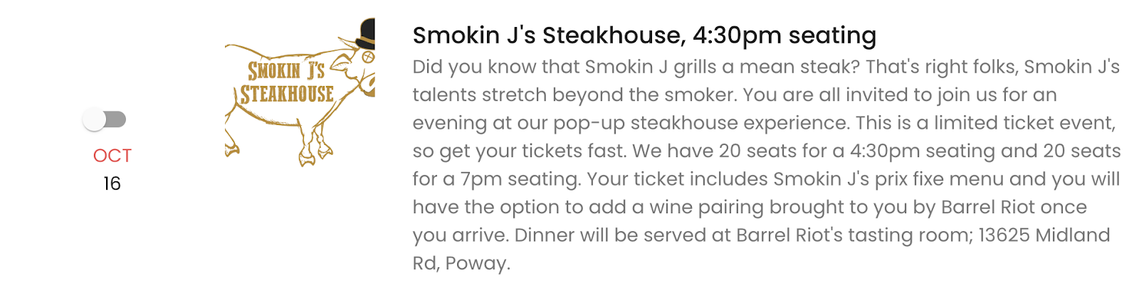 Event listing for a pop-up steakhouse dinner hosted with a local partner