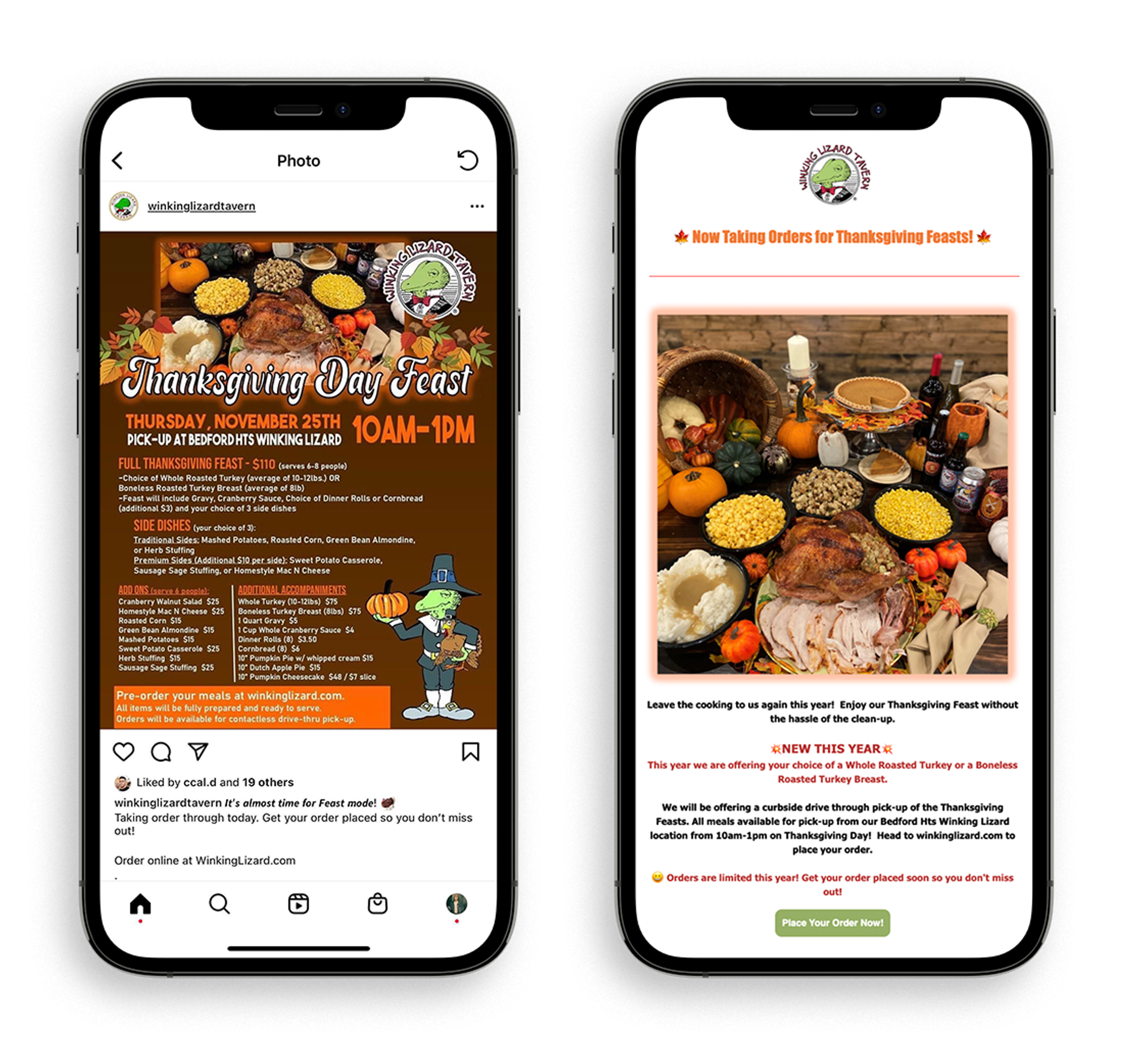 Instagram post and website page promoting a restaurant’s Thanksgiving Day feast