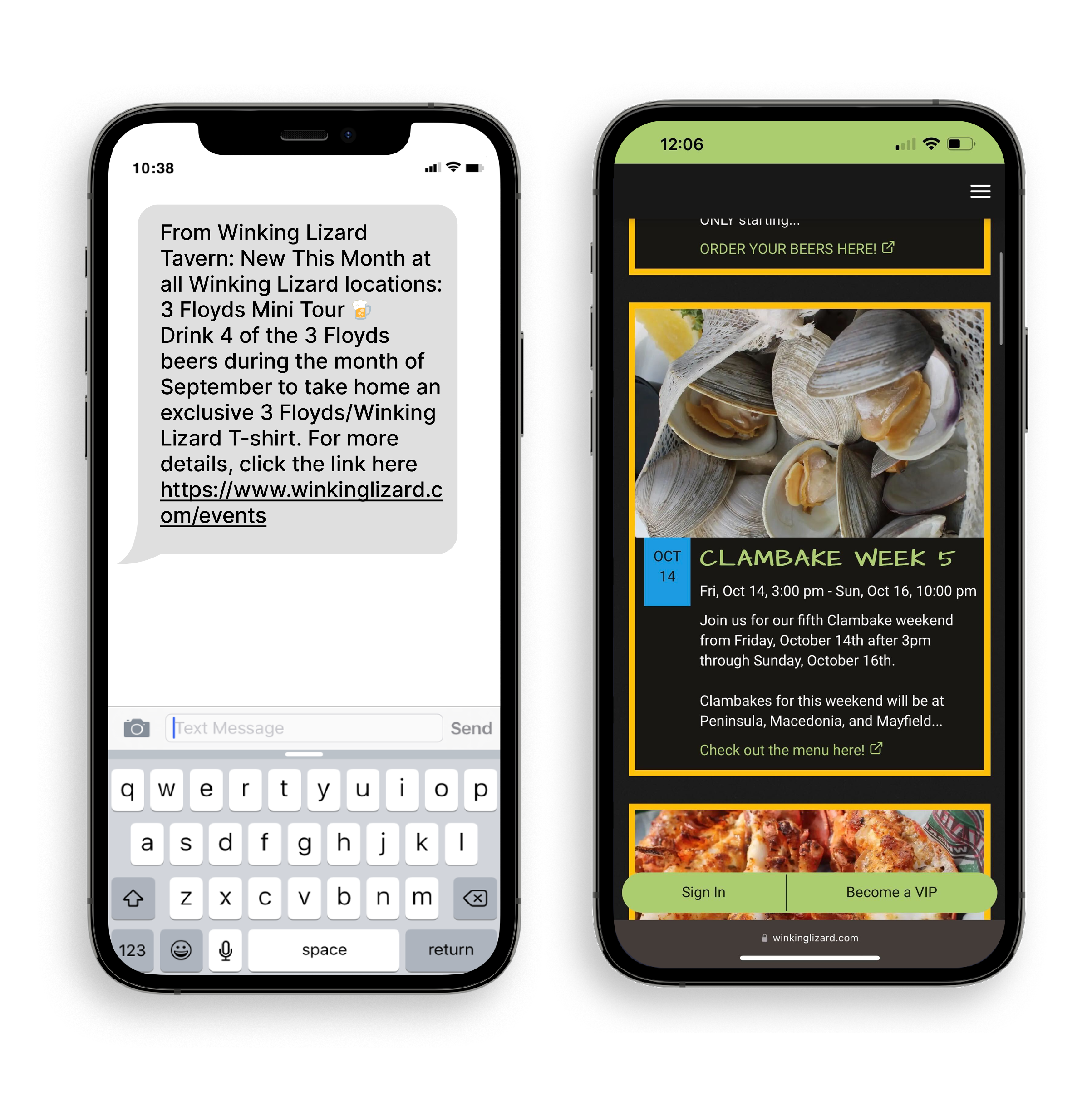 SMS marketing text and website event listing promoting a clambake weekend