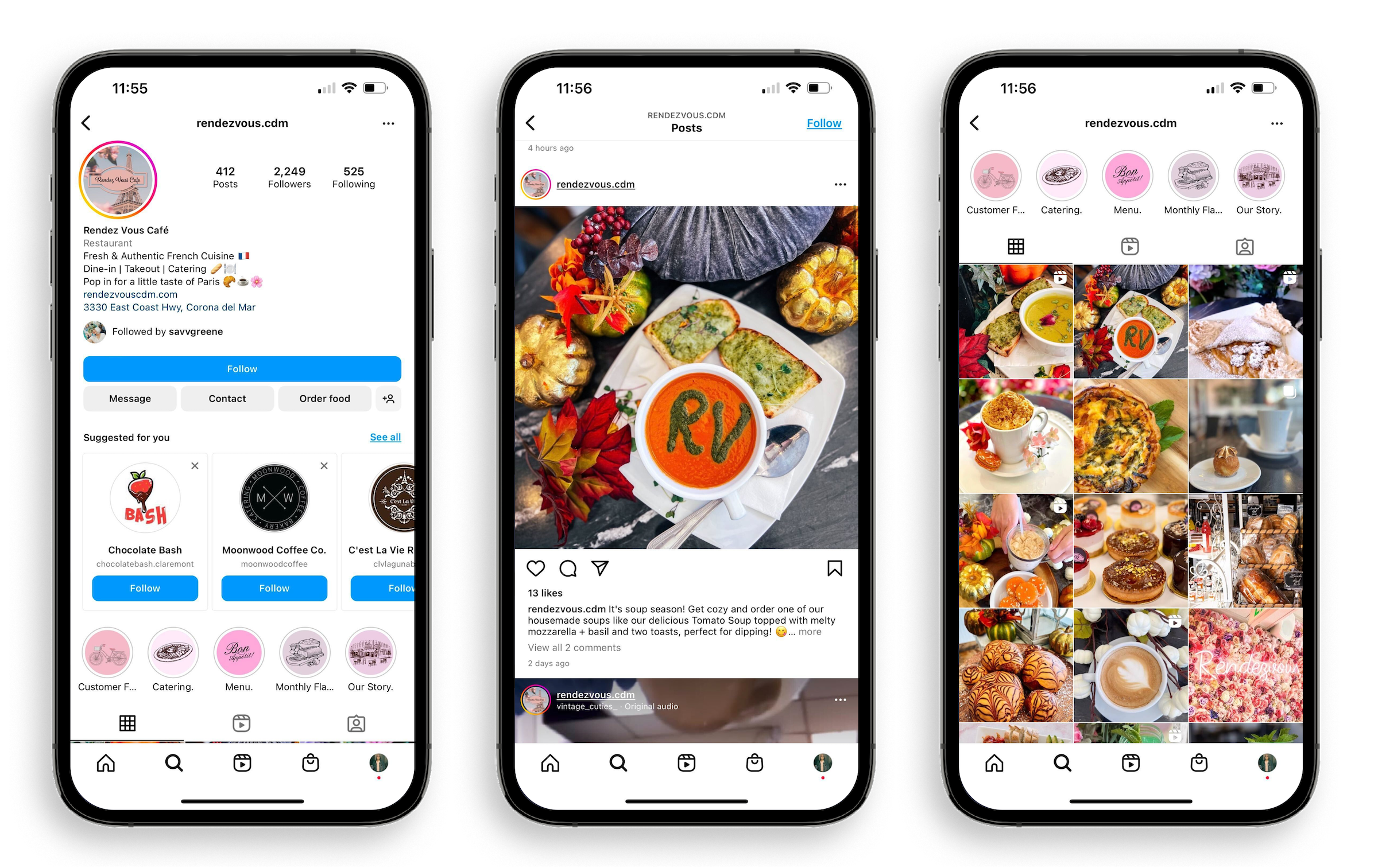 Restaurant’s Instagram profile, post, and story highlights