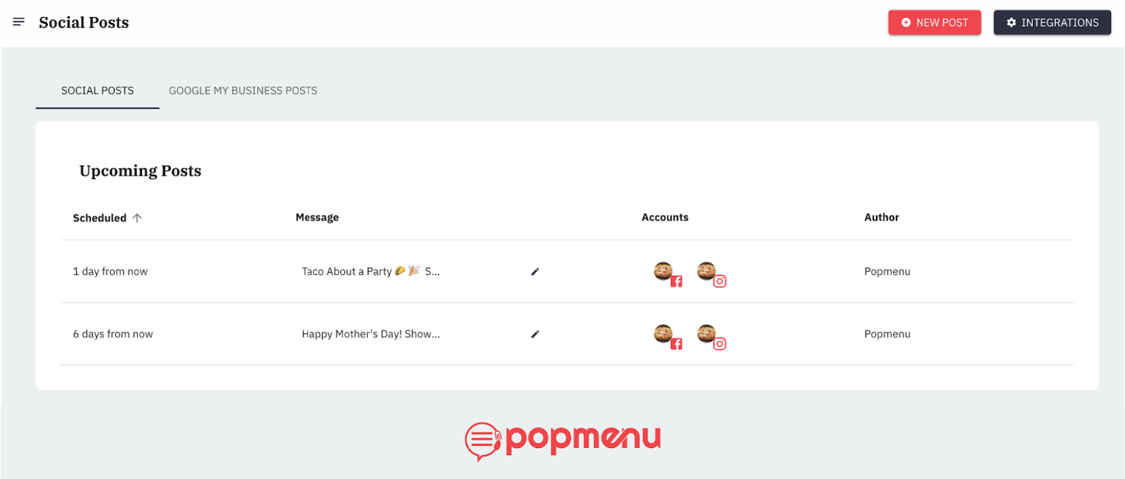 Popmenu social posts dashboard showing scheduled Facebook and Instagram posts