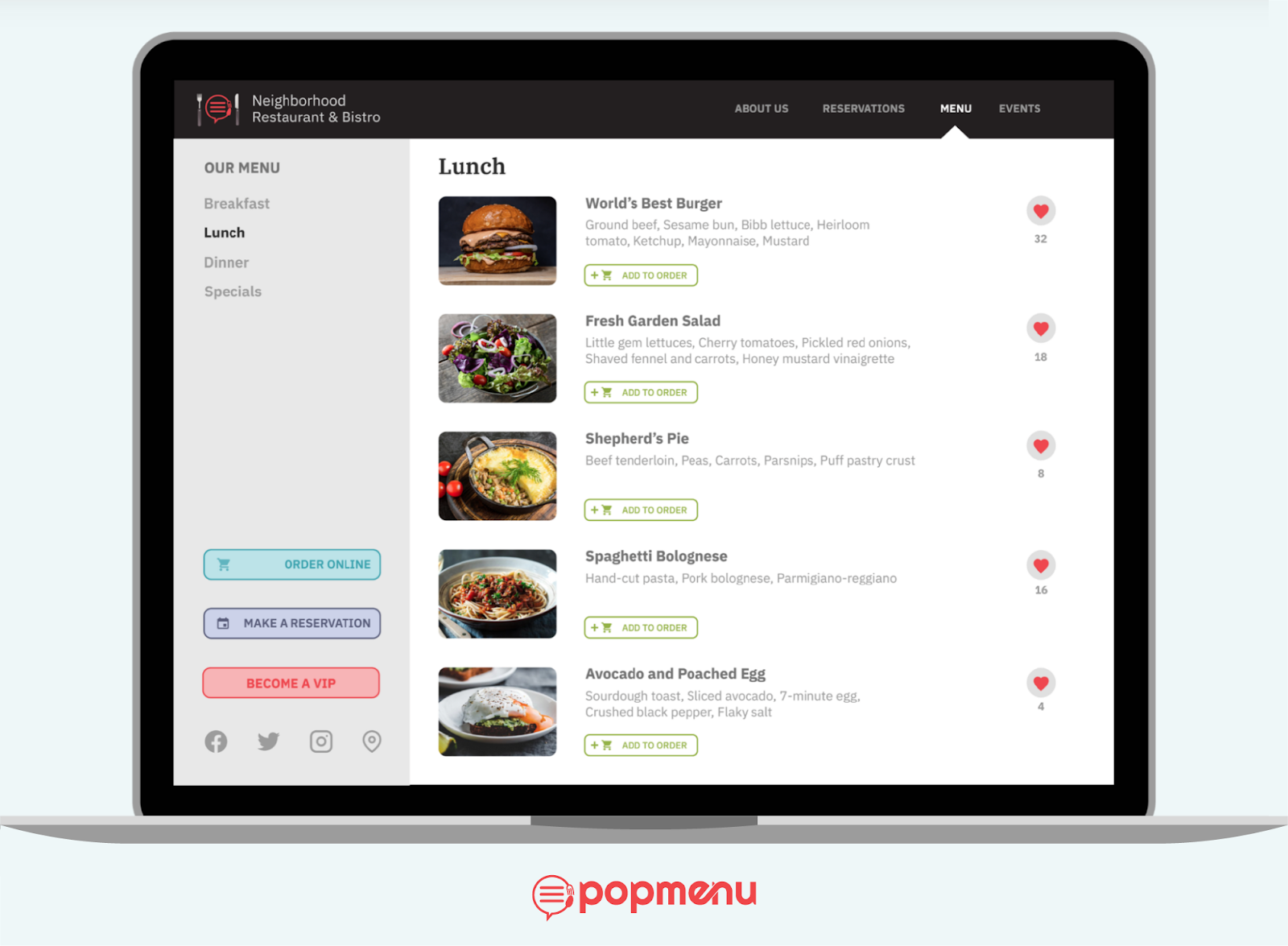 Popmenu restaurant website menu page shown on a laptop