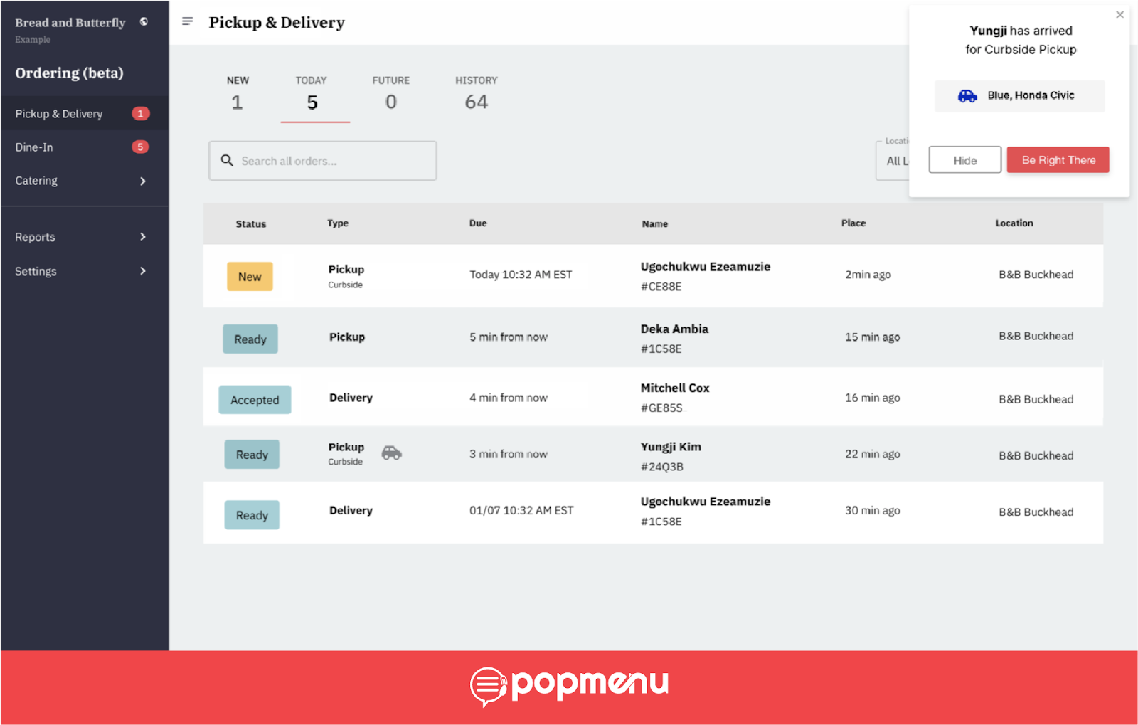 Popmenu online ordering dashboard listing pickup and delivery orders