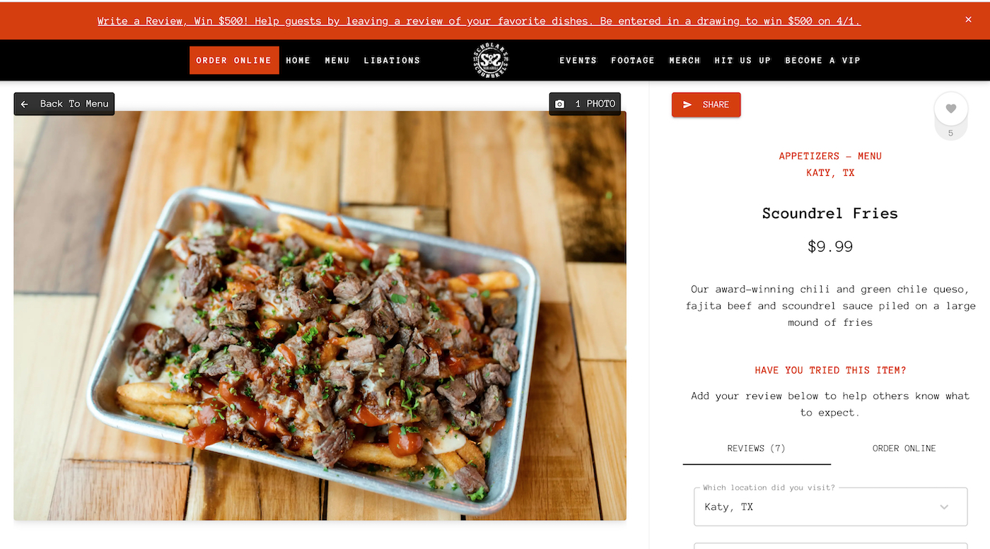 A Popmenu dish page for Scoundrel Fries with photo and reviews