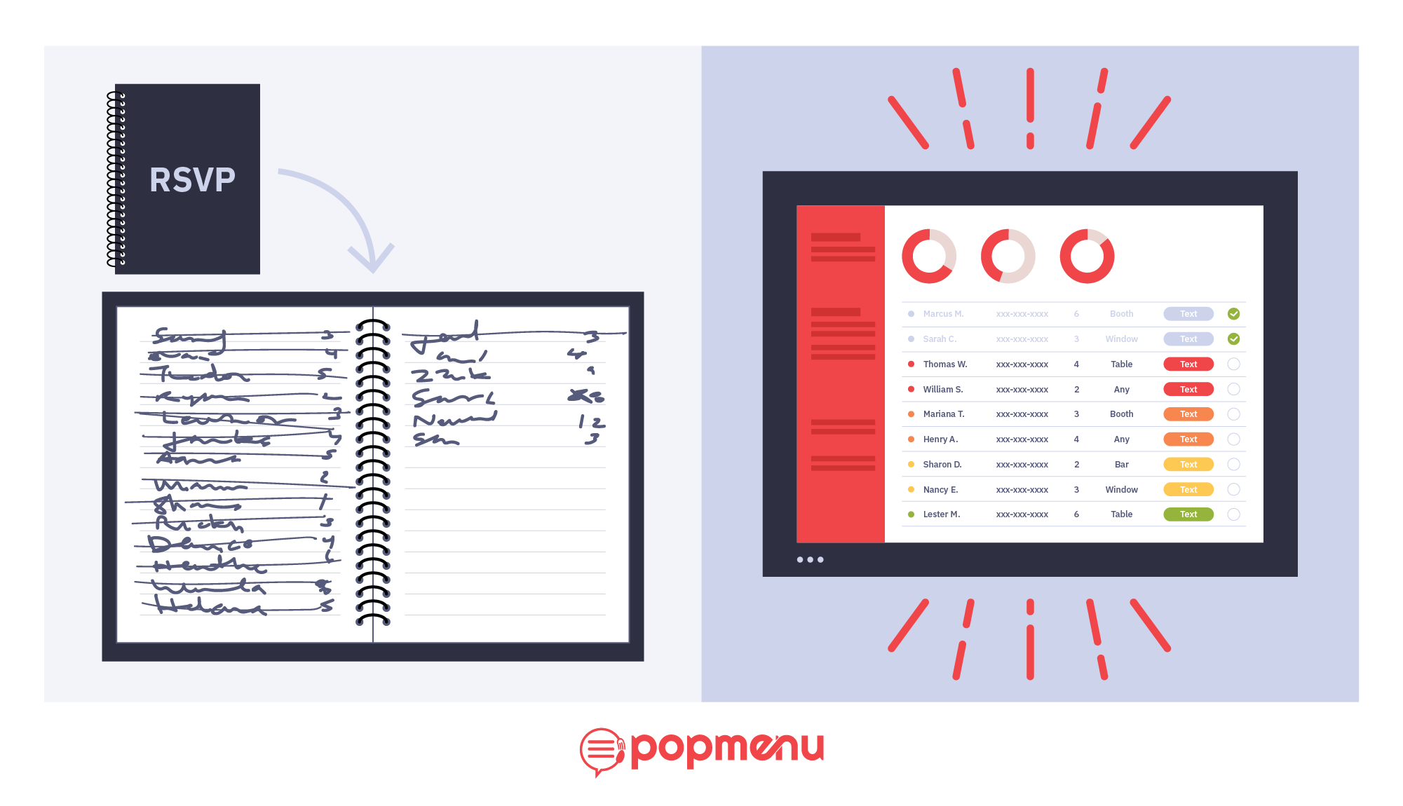 Illustration comparing a handwritten paper RSVP waitlist to a digital waitlist app