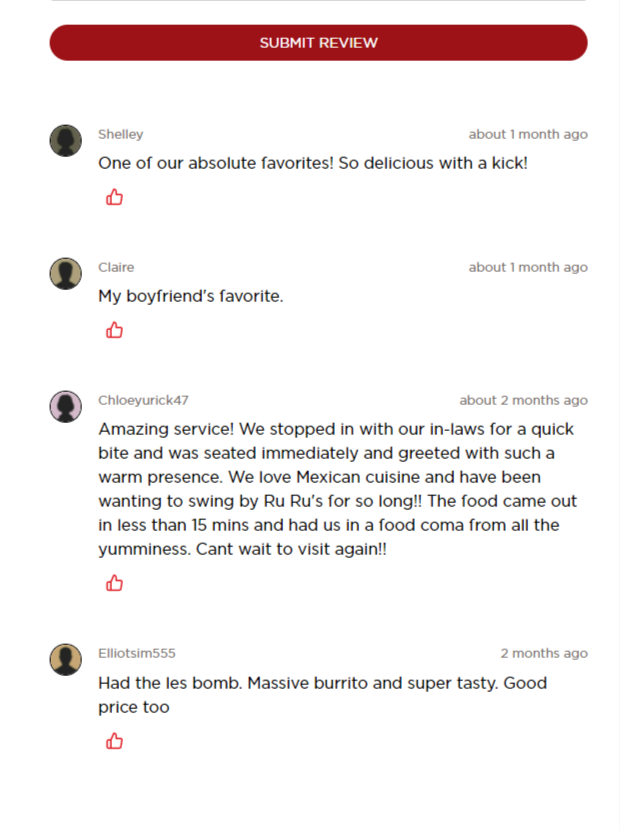 A list of positive reviews on a Mexican Restaurant’s website.