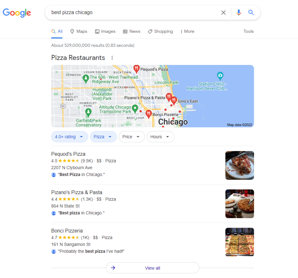 A screenshot of a google search for “Best Pizza Chicago” 