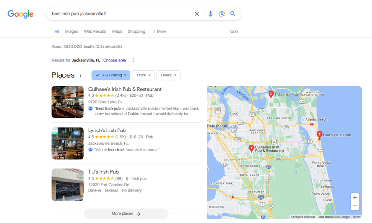 Google search results for “best irish pub jacksonville fl” ranking Culhane’s Irish Pub first