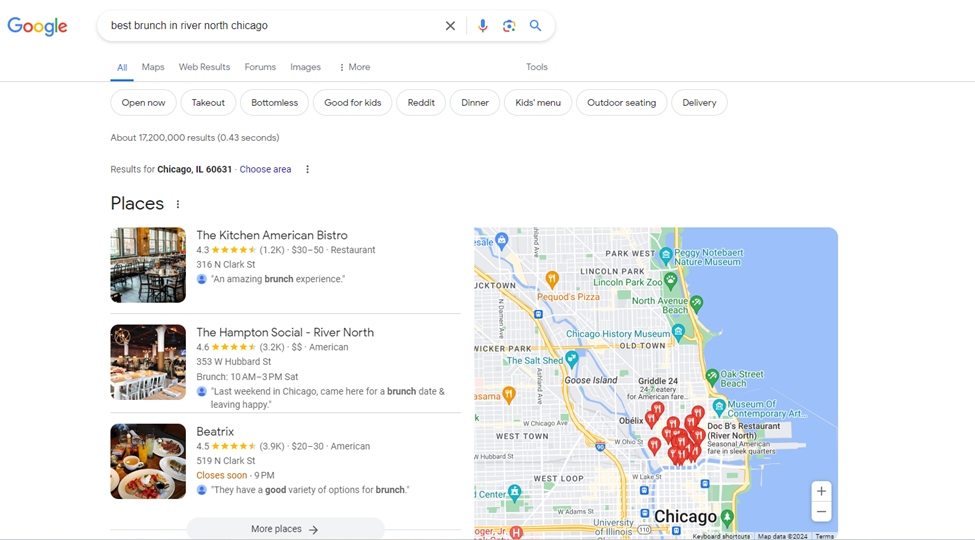 Google search results for “best brunch in river north chicago” listing The Hampton Social