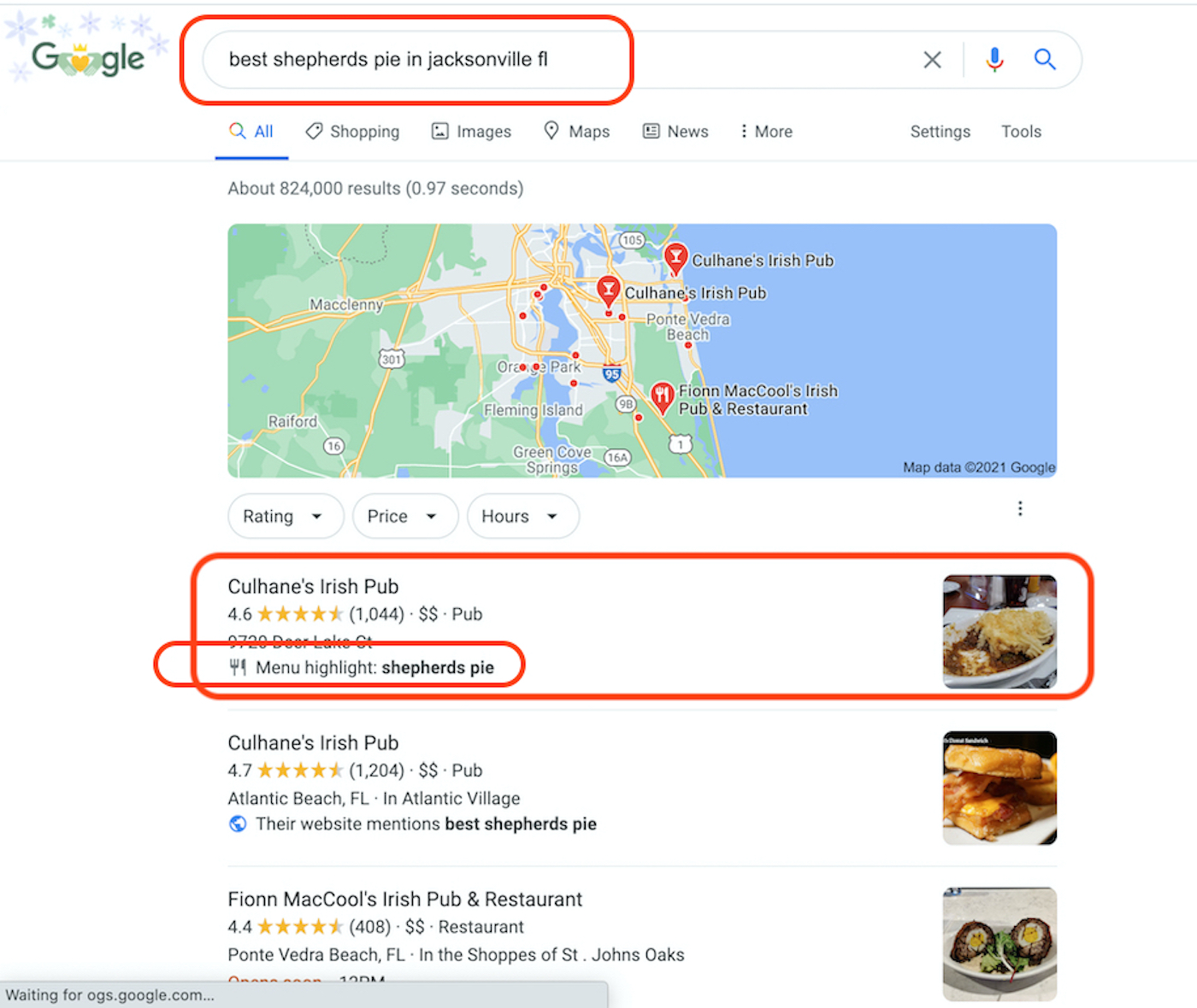 Google search for “best shepherds pie in Jacksonville fl” highlighting Culhane’s Irish Pub