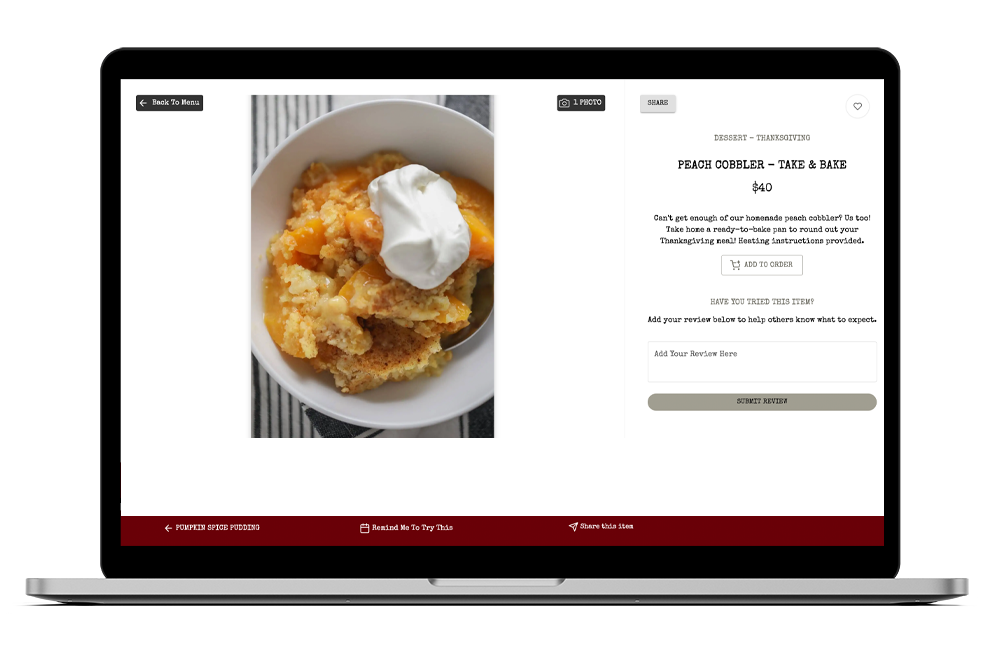 Online menu page for Peach Cobbler Take & Bake showing photo and description
