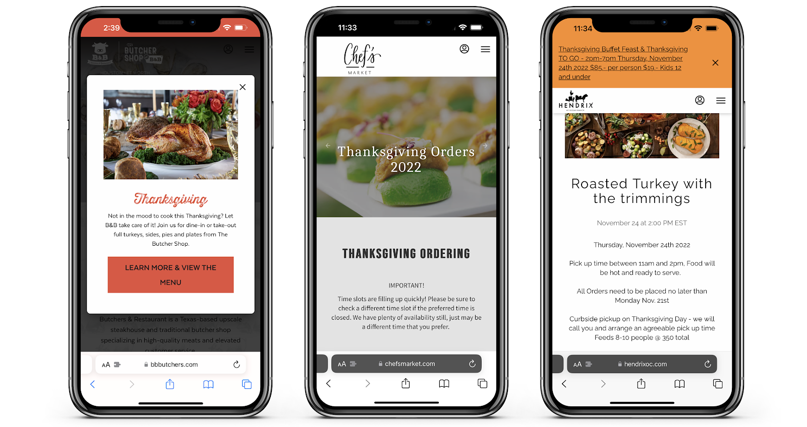 Three phone screens showing Thanksgiving ordering promotions on restaurant websites