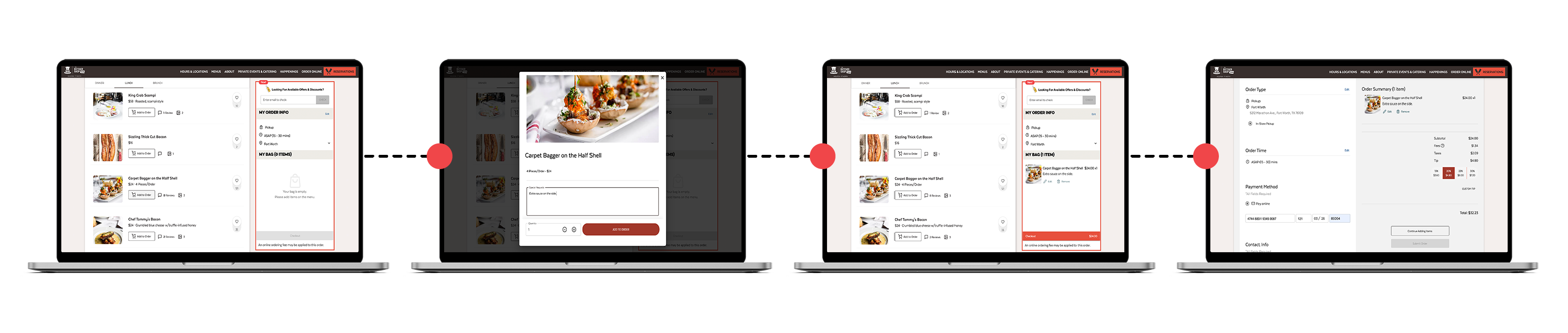 Four screens showing the online ordering checkout flow from menu browsing to payment