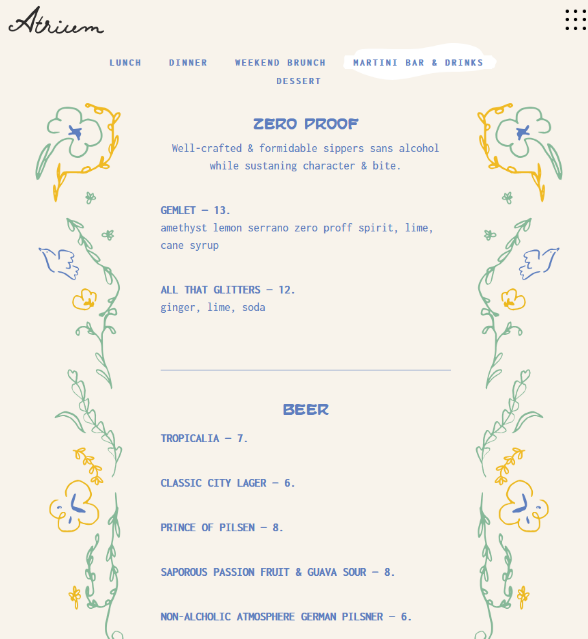 Restaurant menu with a dedicated Zero Proof non-alcoholic drinks section