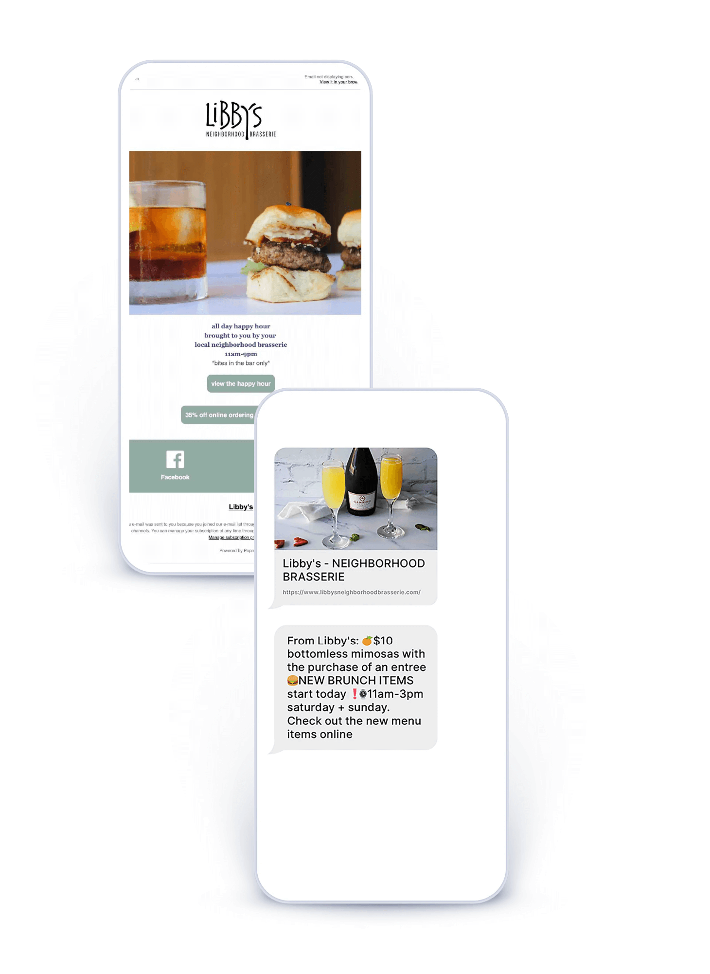 Libby’s email and text message marketing campaigns promoting happy hour, online ordering discounts, and brunch specials